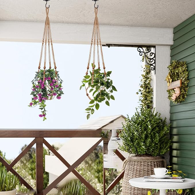 LEWESU Jute Macrame Plant Hanger Indoor Set of 2 Hanging Planter Basket Flower - Image 8