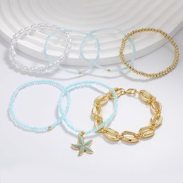 Shell Bracelet Seashell Boho Beaded Stretch Bracelets for Women Summer Beach Bracelets Starfish Charm Bracelet Stackable Gold Plated Bracelets Set for Women
