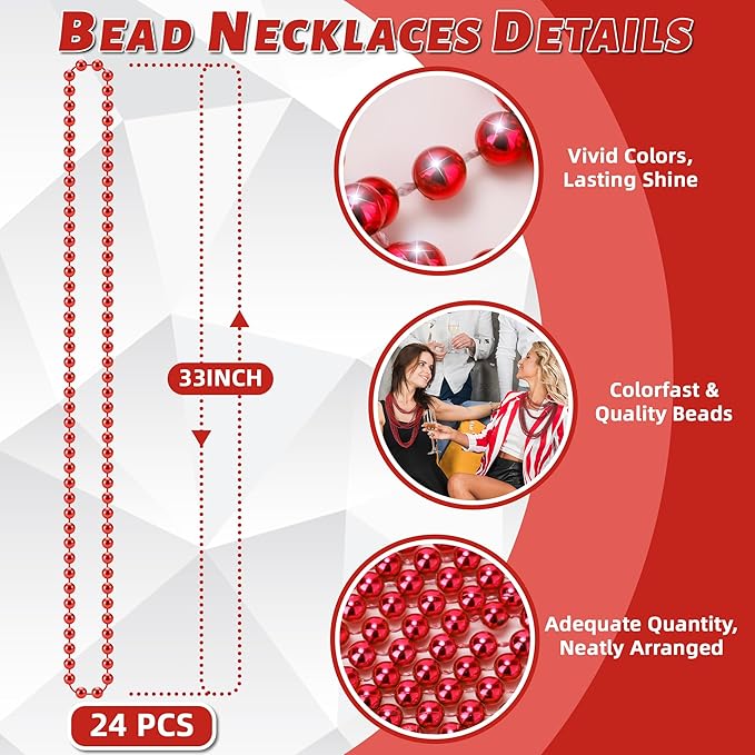 YAXINRUI 24 PCS Red Bead Necklaces, Red Christmas Mardi Gras Bead Necklaces, Valentine Necklace, 33 Inch Round Beaded Necklaces for Mardi Gras Christmas Valentine Festive Events, Party Favors