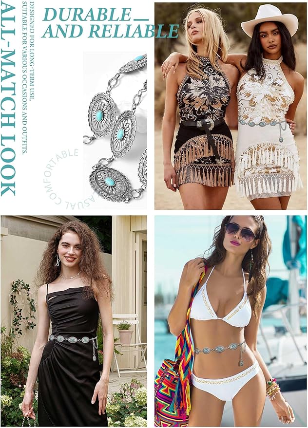 FIORETTO Metal Waist Chain Link Belt for Women Western Cowgirl Boho Turquoise Belts for Dress Jeans Country Concert Outfit