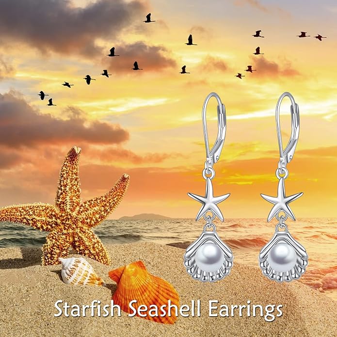 VONALA Silver/Gold Seashell Pearl Dangle Earrings 925 Sterling Silver Beach Drop Dangle Earrings Starfish Leverback Earrings Ocean Jewelry Gifts for Women