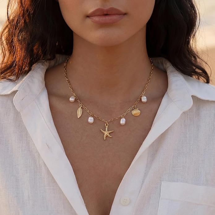 Shell Starfish Necklace for Women, 14k Gold Plated Boho Layered Beaded Charm Pendant Necklace, Dainty Adjustable Pearl Conch Summer Beach Vacation Jewelry Gifts