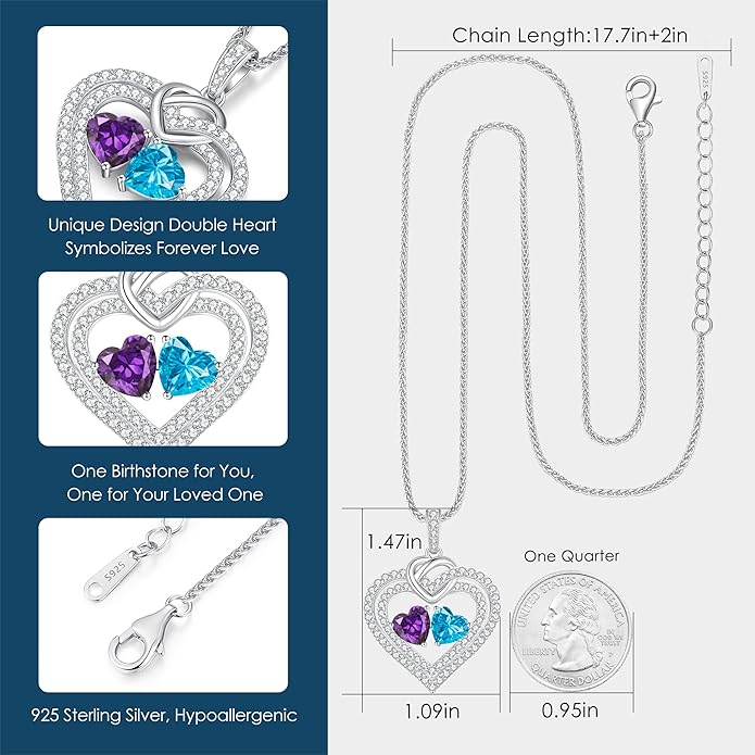 LOUISA SECRET Sparkling Double Heart Birthstone Necklaces for Women, 925 Sterling Silver Fine Jewelry, Pendant Heart Necklaces Birthday Anniversary Christmas Gift for Women Wife Mom Girlfriend Lady