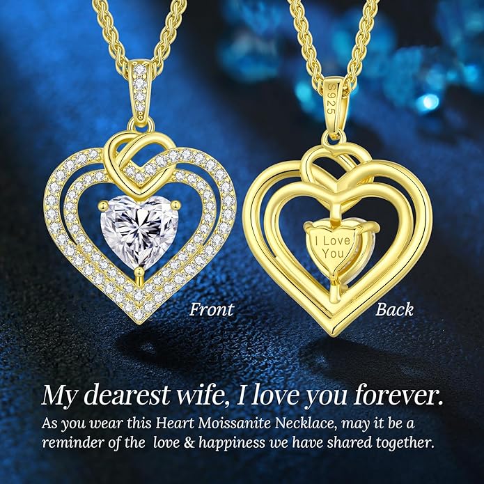 OOBEE Valentines Day Gift Moissanite Heart Necklaces for Women, 1- 4 Carat Moissanite 925 Sterling Silver 14K Gold Plated Pendant Necklace, Ideal Anniversary Birthday Christmas Mothers Day Jewelry Gifts for Mom Wife Her Girlfriend Daughter