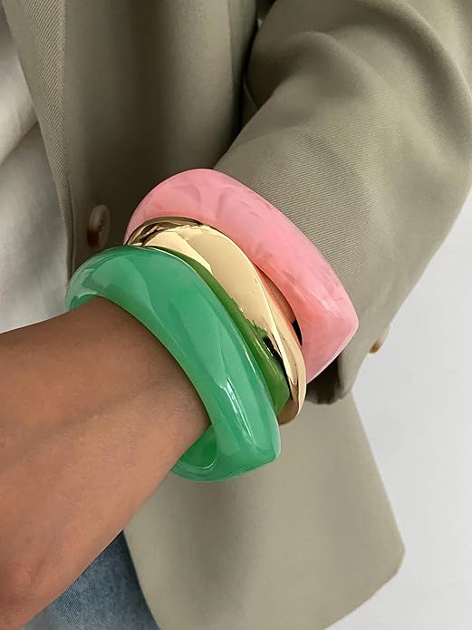 ALEXTINA 3Pcs Acrylic Resin Bangles for Women, Wide Resin Bracelets Chunky Cuff Bracelets Set Stackable Bracelets, Summer Vacation Jewelry Gift for Women
