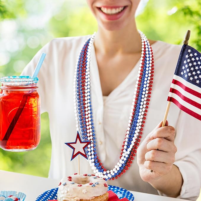 100 PCS 4th of July Beads, 33" Patriotic Beads Necklaces Bulk, Red White Blue Necklace Bulk, Independence Day Party Parade Throw Accessories Set for Memorial Day Fourth of July Party Supplies