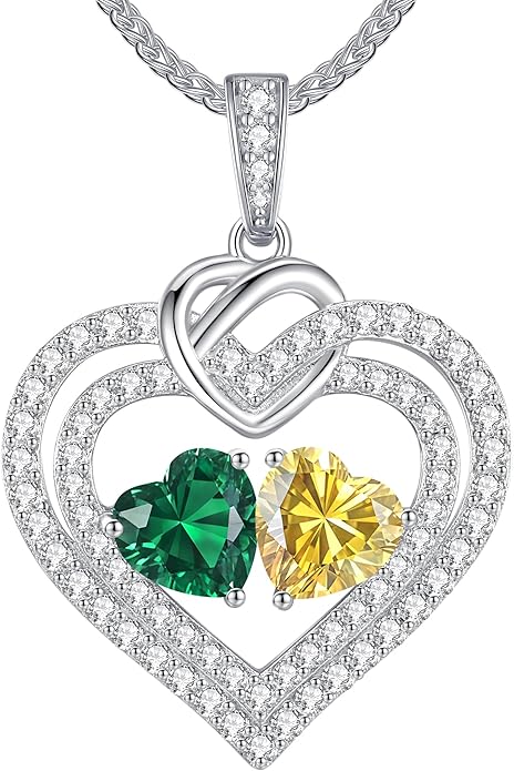 LOUISA SECRET Sparkling Double Heart Birthstone Necklaces for Women, 925 Sterling Silver Fine Jewelry, Pendant Heart Necklaces Birthday Anniversary Christmas Gift for Women Wife Mom Girlfriend Lady