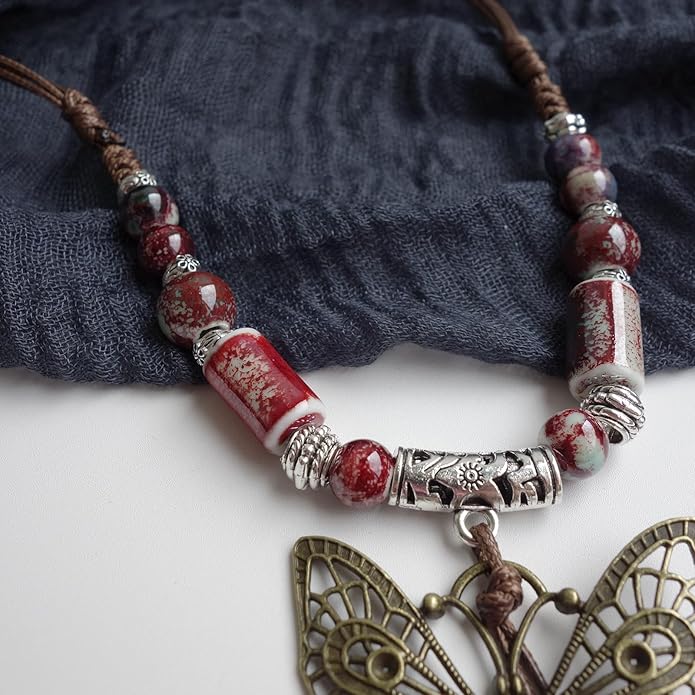 Boho Style Colorful Ceramic Bead Strand Necklace Adjustable Bohemian Jewelry Gift for Women, Fashion Clothing Matching Necklace