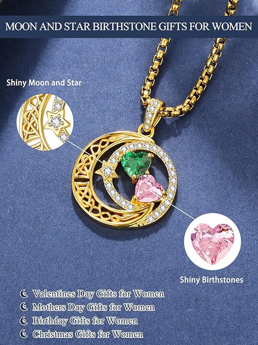 14K Gold Moon and Star Necklace Gifts for Women - Double Heart Birthstone Necklace, Valentines Wedding Anniversary Birthday Gifts for Her Wife Mom Daughter Grandma Sister
