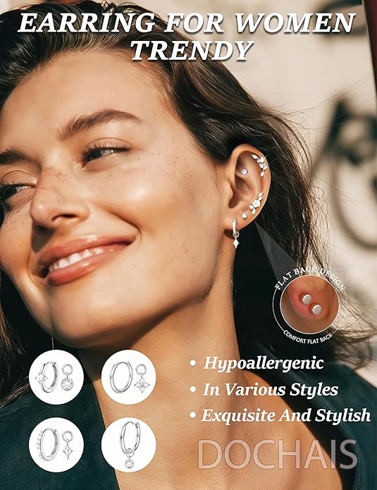 18 PCS Single Cartilage Studs Earrings Women Trendy 14k Gold Plated Flat Back Earings Stacks Dainty Small Pendant Dangle Huggie Hoops Earring Cubic Zirconia Flatback Stud Sets for Multiple Piercing