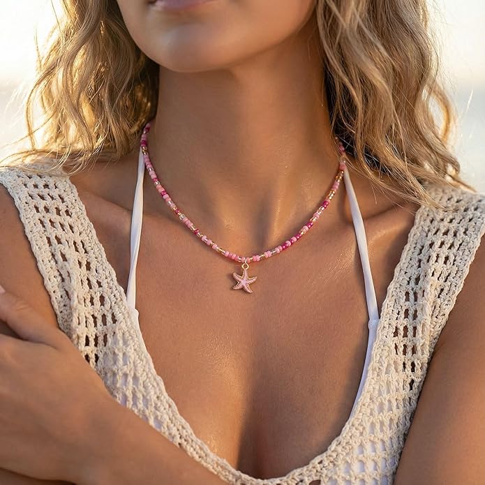 Women's Shell Starfish Boho Layered Beaded Necklace Choker for Summer Beach Vacation Gifts for Birthday/Anniversary/Christmas