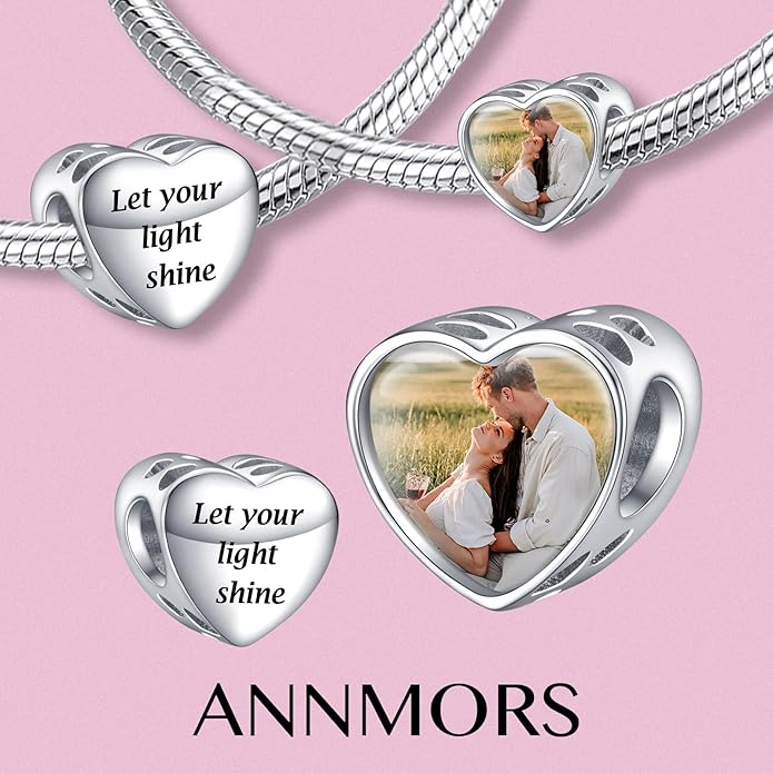 Annmors Personalized Photo Charms For Bracelets/Necklace 925 Sterling Silver Love Heart Shaped Engraved Customize Picture Gift for Birthday Mother's Day,Bead Charms Jewelry for Women