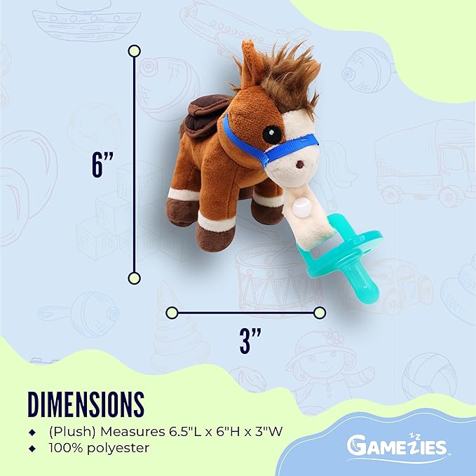 Gamezies Baby Boy and Girl Silicone Pacifier with Detachable Removable, Washable Plush Toy, Horse CPSIA Tested, BPA-Free 0-6 Months