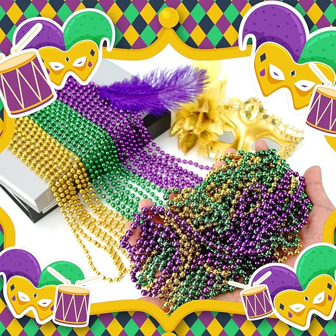 144 PCS Mardi Gras Beads Necklaces, Gold Green Purple Metallic Bead Necklaces 33” Mardi Gras Beads Necklaces Accessories Bulk Party Beads Necklaces for Mardi Gras Party, Throw Beads Party Favors