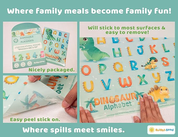 Disposable Placemats for Baby, Toddlers and Kids, 40 Disposable Baby Placemats for Restaurant, Dining Table & Travel, Learning Placemats for Kids, Toddler Travel Essential, Dinosaurs ABC & Numbers