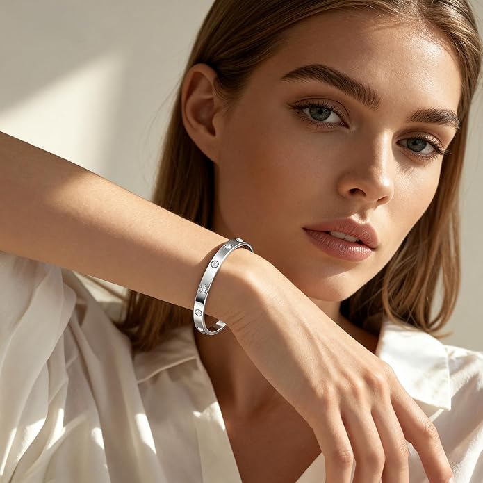 2Pcs 18K Gold-Plated Love Bangle Bracelets set for Women, Stainless Steel Cubic Zirconia Bangle Crystal Friendship Jewelry, Easter Wedding Birthday Gifts for Girlfriend, Wife, Monther