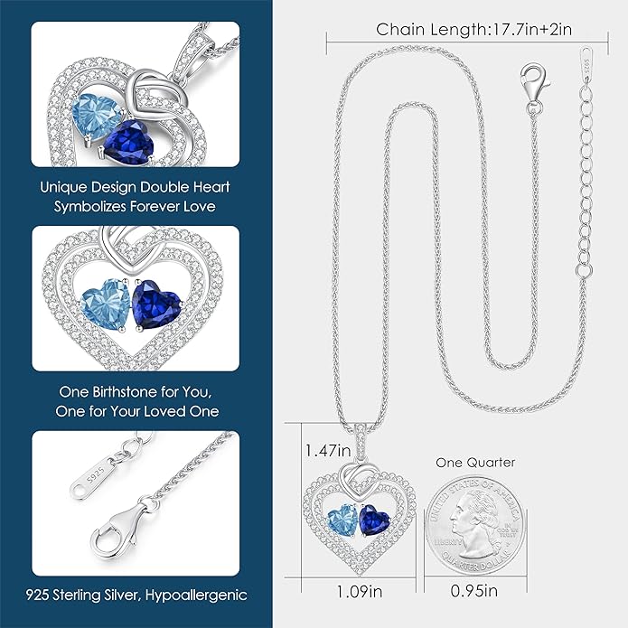 LOUISA SECRET Sparkling Double Heart Birthstone Necklaces for Women, 925 Sterling Silver Fine Jewelry, Pendant Heart Necklaces Birthday Anniversary Christmas Gift for Women Wife Mom Girlfriend Lady