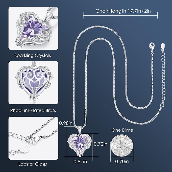 CDE Valentines Day Gifts for Women Angel Wings Necklace for Women with Birthstone, Love Heart Silver Tone/Gold Tone Pendant, Ideal Anniversary or Birthday Jewelry Gifts for Wife Girlfriend Her