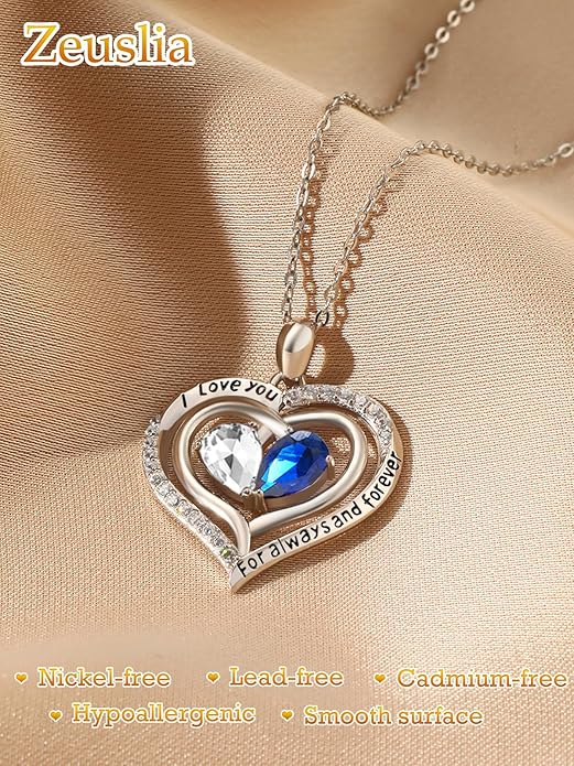 Valentine's Day Gifts for Wife 925 Sterling Silver Double Birthstone Pendant Necklaces I Love You for Always and Forever Necklace Anniversary Birthday Gifts for Wife Girlfriend Mom Her