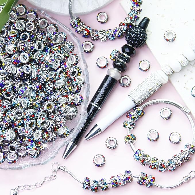 200Pcs Rhinestone Large Hole Beads Spacer Beads Black Color European Craft Big Beads Large Hole Rhinestones Lampwork Bead Fairy Wand Garden Beads for DIY Bracelet Necklace Jewelry Making Supplies