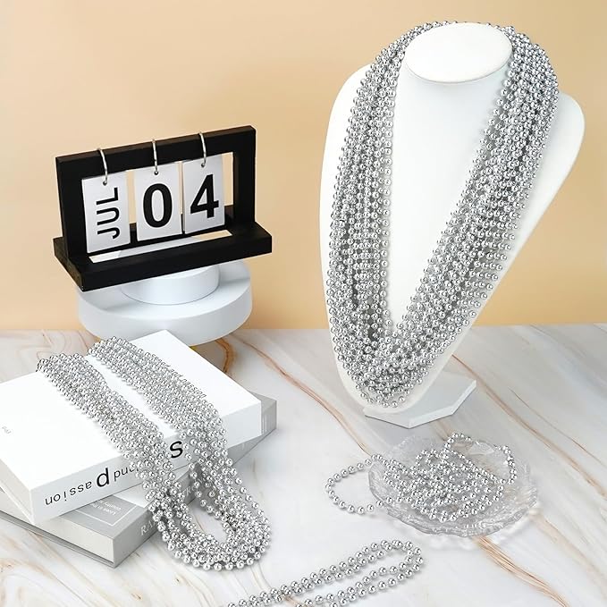 12 PCS Silver Bead Necklaces, Silver Mardi Gras Christmas Beads Necklaces, Patriotic Necklaces, 33 Inch Beaded Necklaces for Mardi Gras Christmas Party, 4th of July and New Year Eve Festive Events