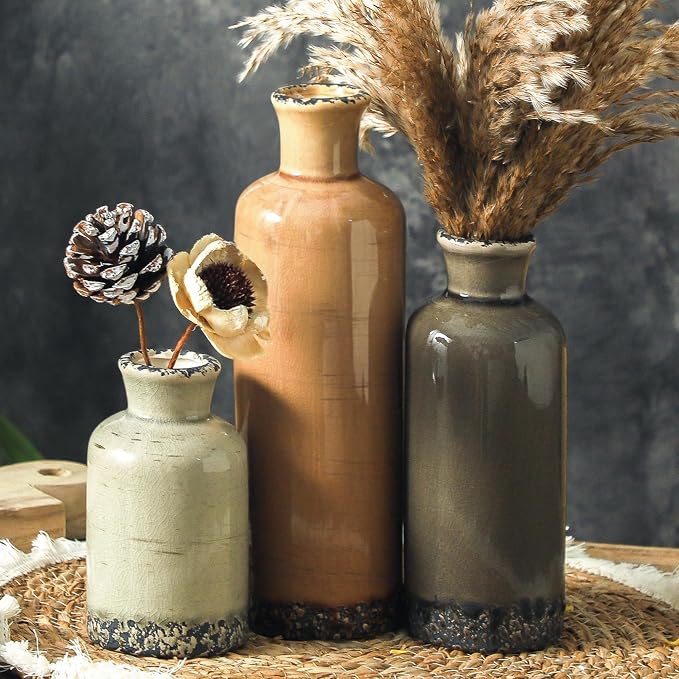 Ceramic Vase Set of 3, Neutral Flower Vases Home Decor, Pottery Rustic by ooit
