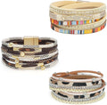 Wowanoo 3Pack Leather Cuff Bracelet Set Multilayer Wrap Bracelet Crystal Feather Tree Bracelet Magnetic Clasp Bracelet for Women