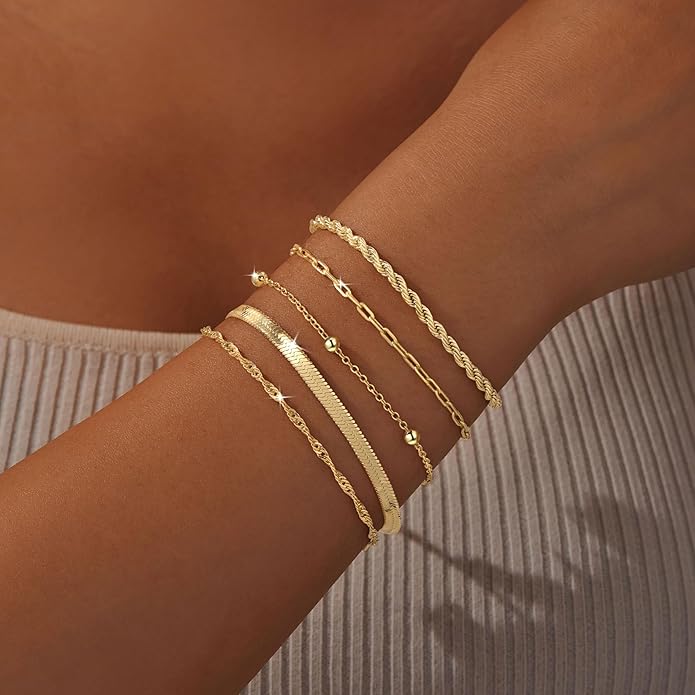 Gold Bracelets Set for Women Non Tarnish Trendy,14K Gold Plated Dainty Stackable Paperclip Cuban Link Chain Bracelets, Simple Cute Cuff Bracelets Jewelry Set Adjustable 7"+2"