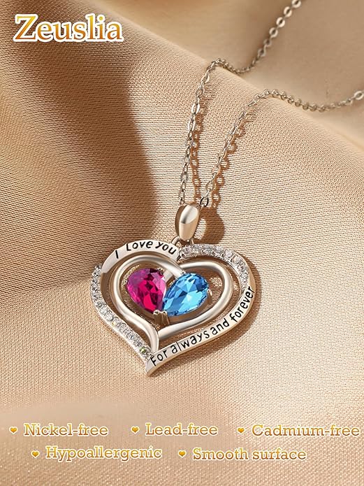 Valentine's Day Gifts for Wife 925 Sterling Silver Double Birthstone Pendant Necklaces I Love You for Always and Forever Necklace Anniversary Birthday Gifts for Wife Girlfriend Mom Her