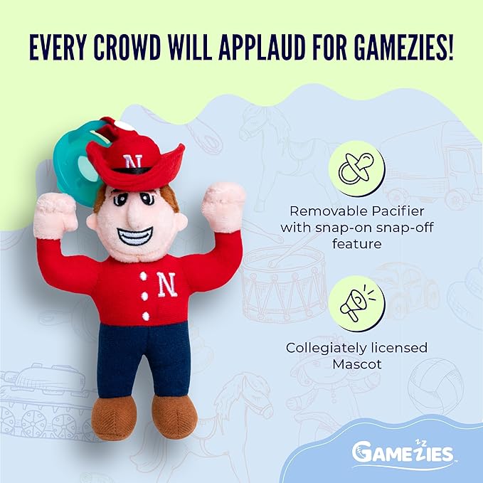 Gamezies Baby Boy and Girl Silicone College Mascot Stuffed Toy Plush Pacifier Collegiately Licensed, Herbie Husker, University of Nebraska CPSIA Tested, BPA-Free 0-6 Months
