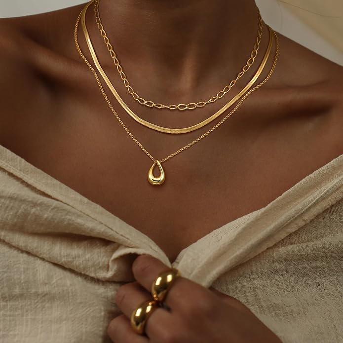 NECOCY Valentine's Day Gift 14k Gold/Silver Plated Layered Gold Necklaces for Women, 3Pcs Dainty Herringbone Choker Set, Trendy Stack Simple Chain Layering Pendant Jewelry