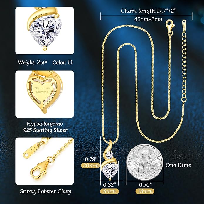 ANDSO Valentine's Day Gift Moissanite Heart Pendant Necklaces for Women, 925 Sterling Silver Necklace with Birthstone, Ideal Anniversary Present or Birthday Jewelry Gifts for Mom Wife Her Girlfriend