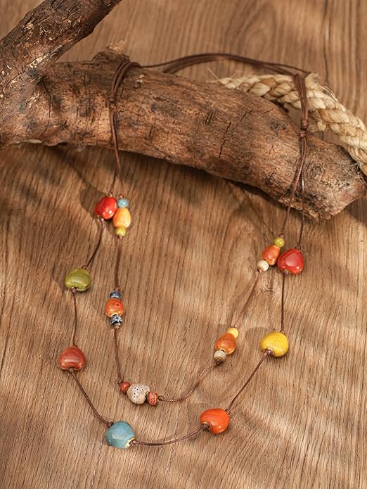MINACHI Hippie Boho Double Layered Colorful Ceramic Heart Round Bead Necklace, Bohemian Jewelry Gifts for Women
