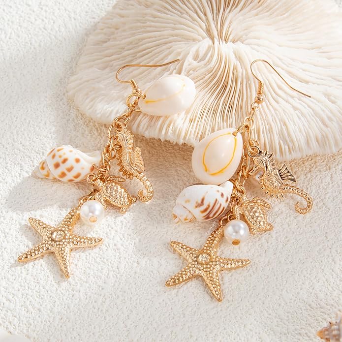 Gold Starfish Shell Earrings for Women with Pearl Beach Seashell Earrings Dangle Summer Vacation Earring for Women Beach Jewelry