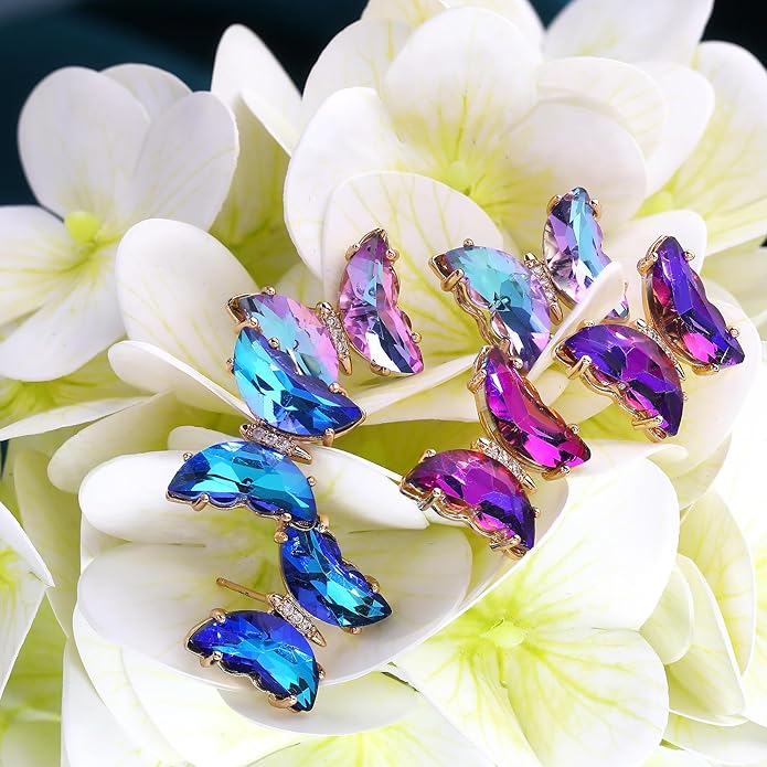 MISS RIGHT Butterfly Crystal Jewelry Set with Butterfly Necklace Stud Earrings Bolo Bracelet Adjustable Ring for Women Trendy, Iridescent Y2K Dainty Butterfly Jewelry Gifts
