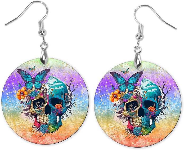 Round Wood Earrings Light Weight Printed Image Dangle Jewelry