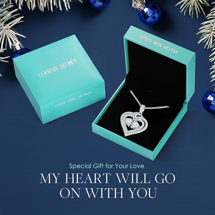 LOUISA SECRET Sparkling Double Heart Birthstone Necklaces for Women, 925 Sterling Silver Fine Jewelry, Pendant Heart Necklaces Birthday Anniversary Christmas Gift for Women Wife Mom Girlfriend Lady