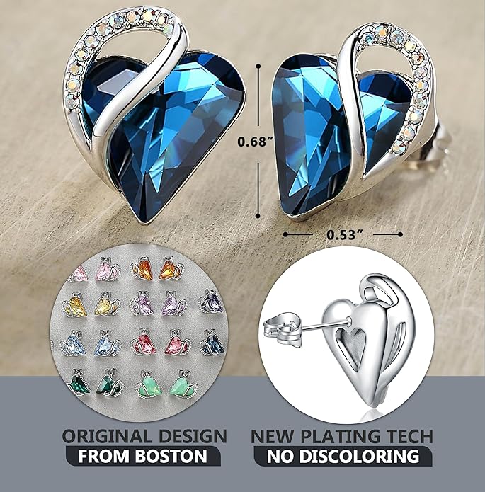 Leafael Infinity love Heart Birthstone Stud Earrings for Women, Valentine's Day Gifts for Mom, Wife, and Her, Silver Plated Birthday Jewelry
