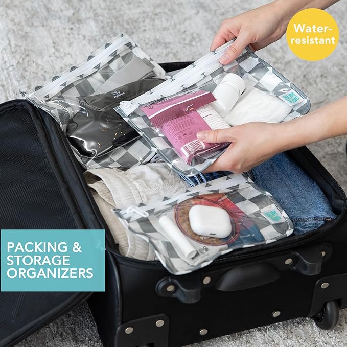 Bumkins - Waterproof Wet Bag, Wet/Dry Clutch & Clear Travel Bags - For Beach, Baby, Travel, Cloth Diapers, Pump Parts, Pool, Gym, Toiletries - Reusable & Easy to Clean - Gray Check - 5 Pack