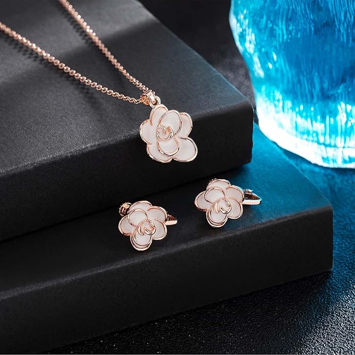 Dainty Rose Flower Pendant Necklace Clip On Earrings Set for Women 14K Gold Plated Hypoallergenic Jewelry Sets
