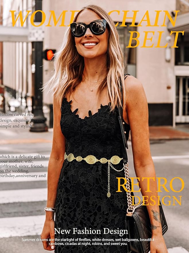 FIORETTO Metal Waist Chain Link Belt for Women Western Cowgirl Boho Turquoise Belts for Dress Jeans Country Concert Outfit