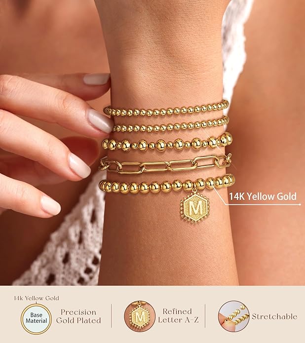 adoyi Valentines Day Gifts for Her Gold Bracelets for Women Waterproof, 14K Gold Plated Beaded Strand Bead Ball Bracelets stack Adjustable Jewelry Set for Gifts