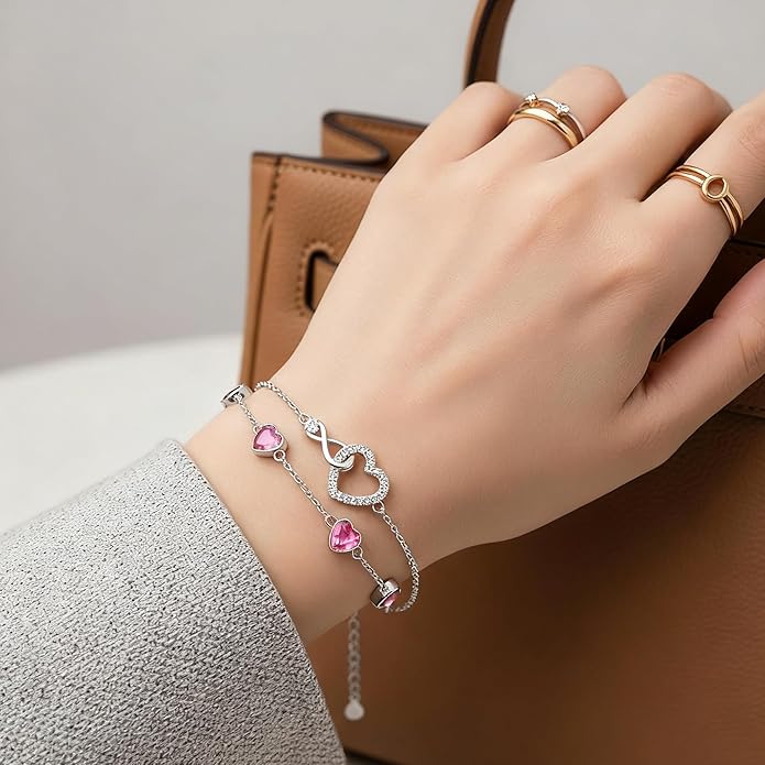 Prismata Infinity Birthstone Charm Link Bracelet 925 Sterling Silver Adjustable 12 Months Birthstone Infinity Bracelet Birthday Jewelry Gifts for Women Mom Her,with 7"+2" chain