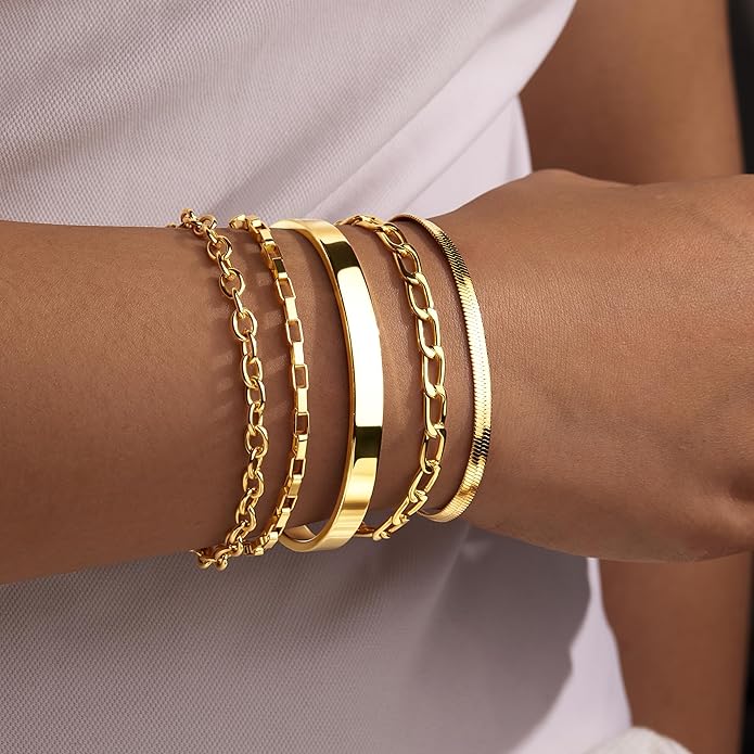 Gold Bracelets Set for Women Stack, Dainty Thick Bracelets Stack for Women Trendy, Simple Thin Gold Plated Cuff Stackable Bracelets With Beaded Cuban Paperclip Snake Rope Bangle Hand Chain Jewelry Gifts for Women Non Tainish