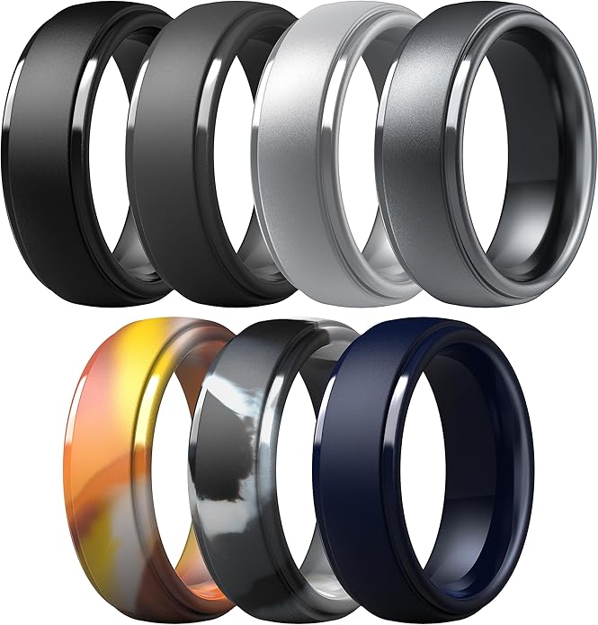 ThunderFit Silicone Rings for Men - 7 Rings / 4 Rings / 1 Ring Step Edge Rubber Wedding Bands 10mm Wide - 2.5mm Thick