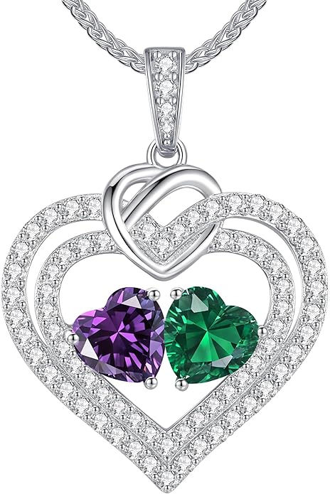 LOUISA SECRET Sparkling Double Heart Birthstone Necklaces for Women, 925 Sterling Silver Fine Jewelry, Pendant Heart Necklaces Birthday Anniversary Christmas Gift for Women Wife Mom Girlfriend Lady