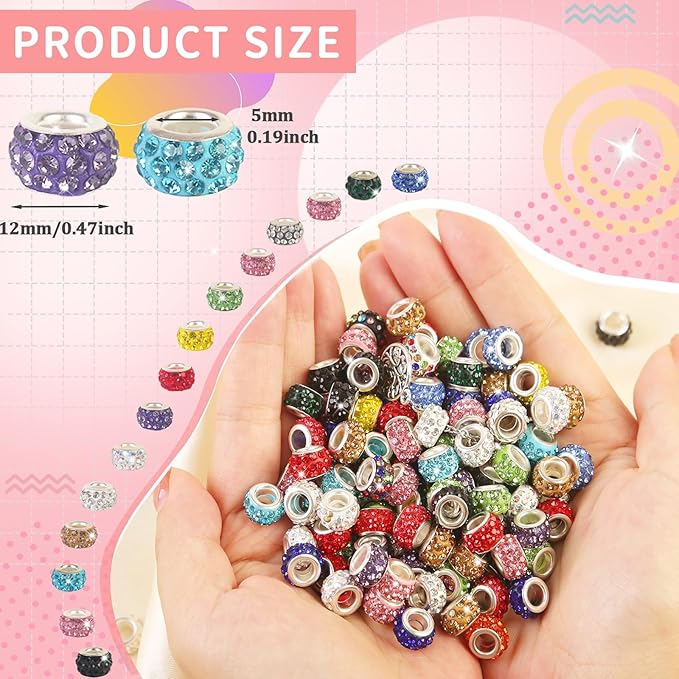 200Pcs Rhinestone Large Hole Beads Spacer Beads Mixcolor European Craft Big Beads Large Hole Rhinestones Lampwork Murano Bead Fairy Wand Garden Beads for DIY Bracelet Necklace Jewelry Making Supplies