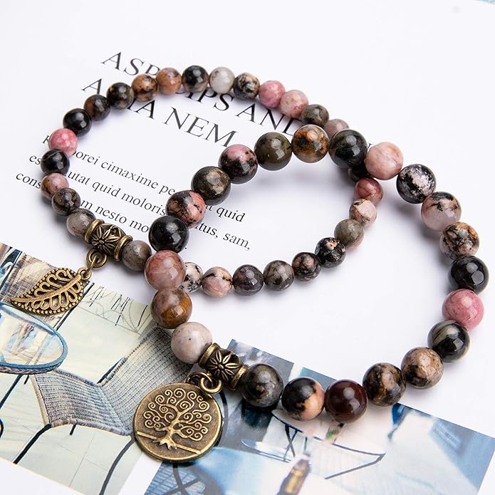 Bivei Natural Semi Precious Gemstone beads bracelet for women - Life Tree and Leaf Charm Energy Reiki Crystal Stretch Bracelets