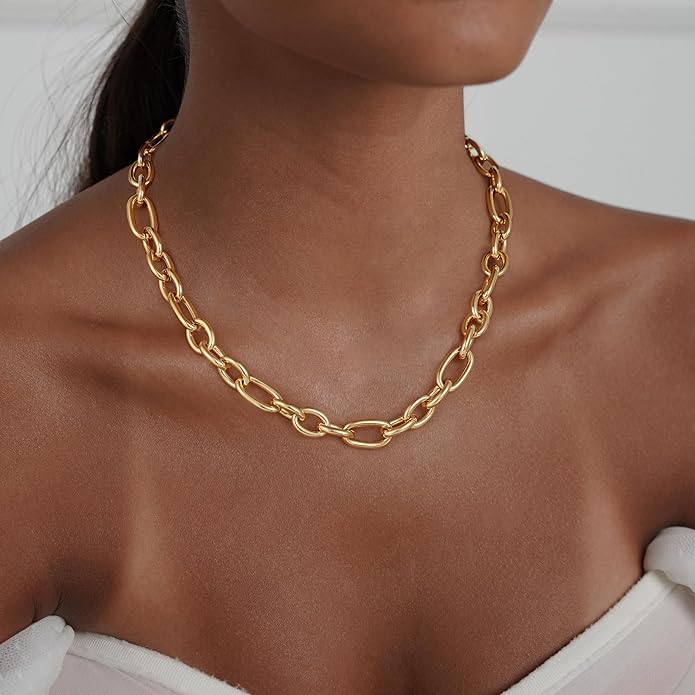 Gold Necklace for Women - Chunky 14K Gold Plated Chain Necklace Cuban Link Paperclip Chain Herringbone Statement Choker Necklace for Women Simple Trendy Jewelry Gifts