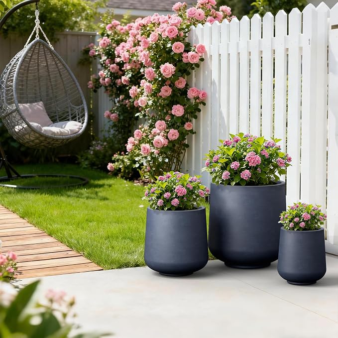 Kante Set of 3 Charcoal Concrete Curved Planters 16.5" 13" 9.4" Dia | Drainage - Image 7